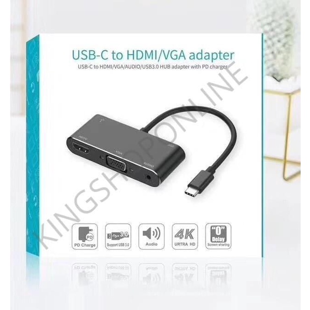 USB TYPE C To HDMI VGA Adapter USB C + USB3.0 + aux jack cable 5IN1