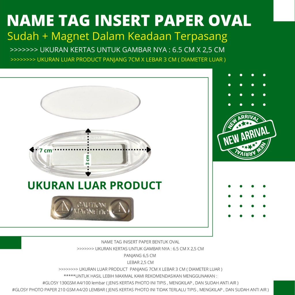 

Name Tag Insert Paper Oval MAGNET Eceran/pcs