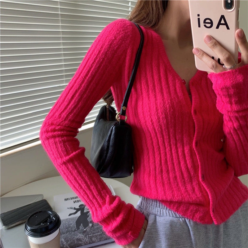 Red V-Leher Rajutan Sweater Wanita Musim Semi dan Musim Gugur Pendek Slim Fit Mawar Merah Bagian Dalam Bawah Kemeja Sweater Mantel Cardigan Atasan Lengan Panjang