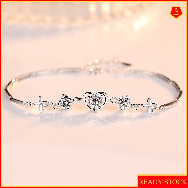 [Ready Stock]925 Silver Clover Heart-Shaped Bracelet Female Korean Simple