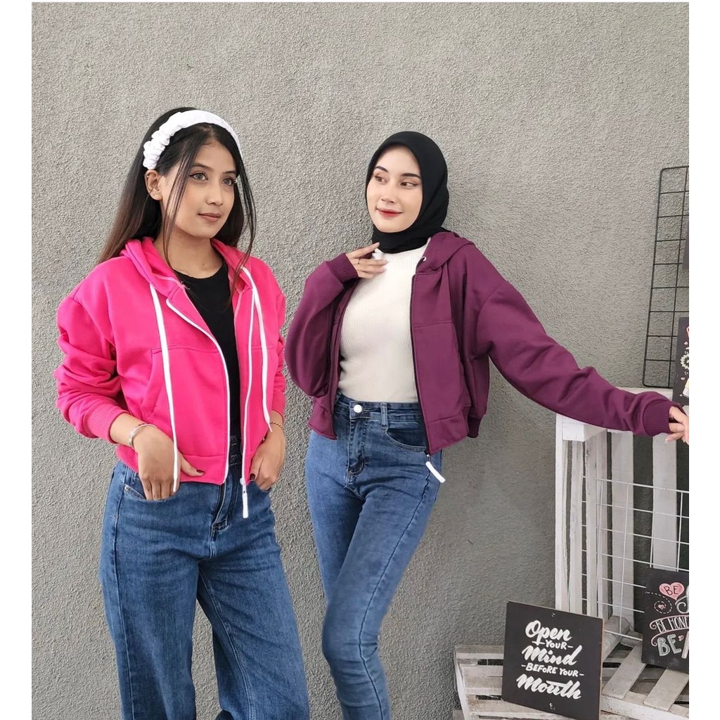 Hoodie zipper crop fleece kupluk tali