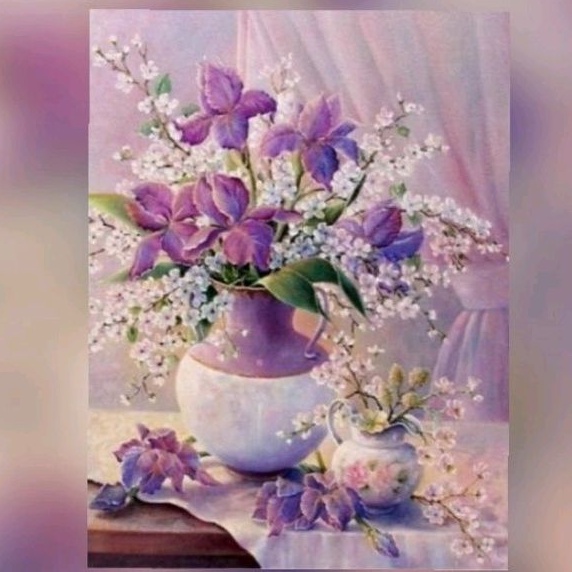 paket kristik bunga lilac ungu pola kain mawar purple vase flower cross stitch 14ct embroidery keraj