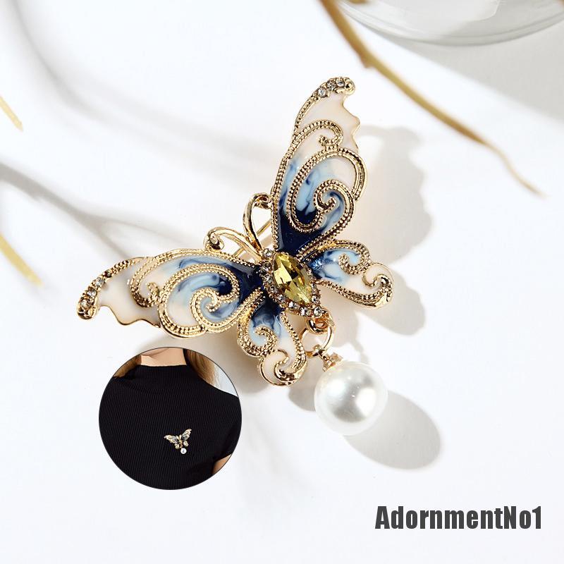 (Adornmentno1) Bros / Pin Butterfly Enamel Hias Mutiara + Berlian Imitasi Untuk Wanita