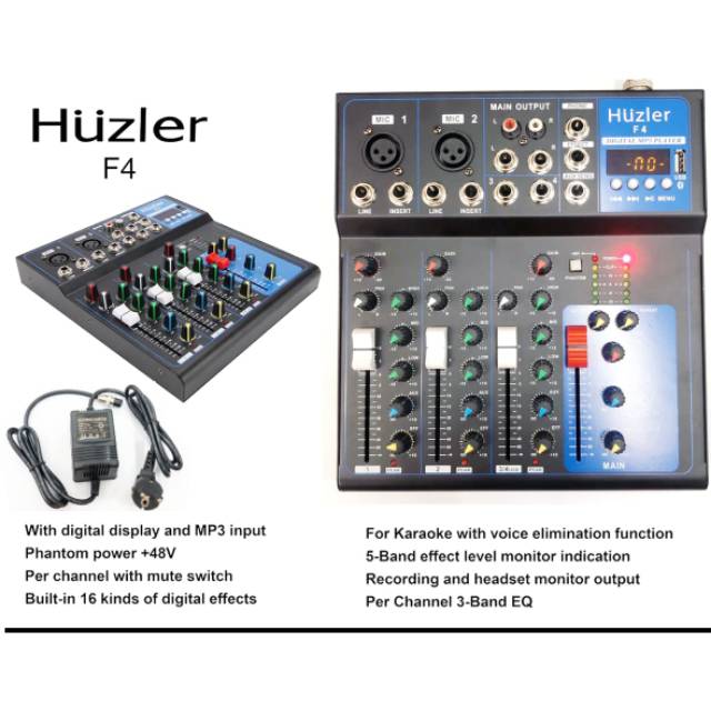 Mixer HUZLER F4-USB mixer 4 channel Bluetooth Phantom Digital Display Bluetooth Kualitas Bagus