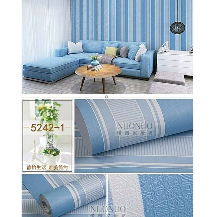 WALLPAPER DINDING KUALITAS TERBAIK ukuran 45 cmx 10 M Tema Salur Garis Bata Kayu Biru albino88