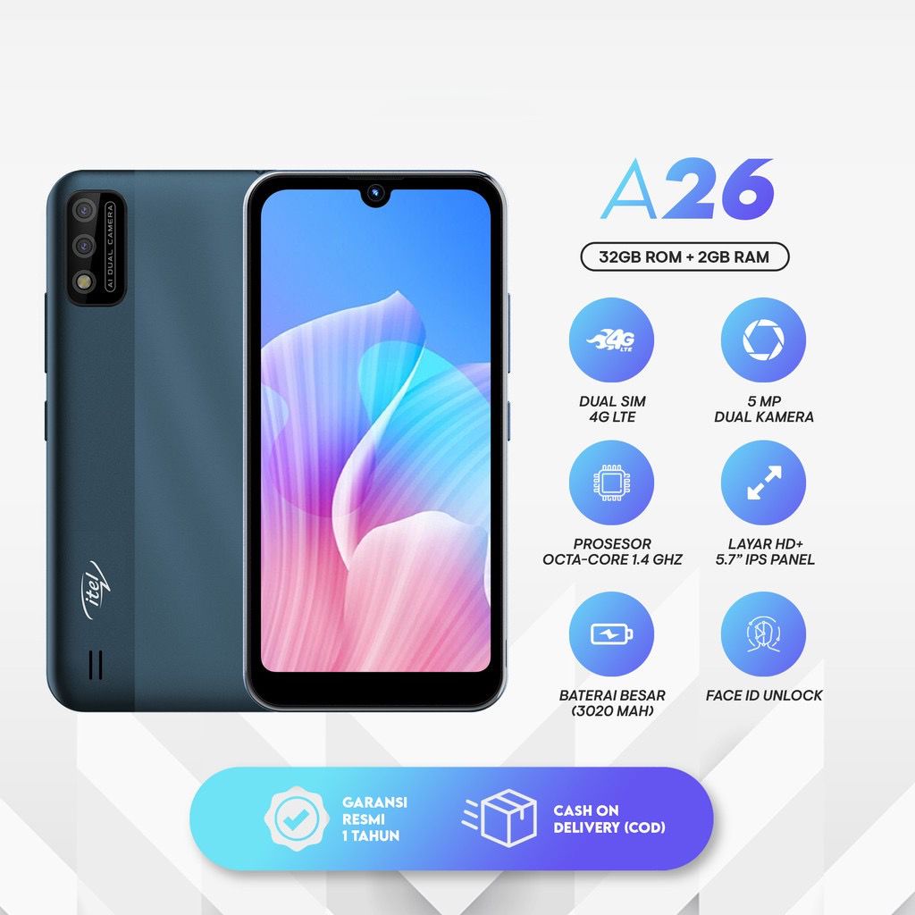 Itel A26 RAM 2GB+32GB 5,7"HD+ Waterdrop FullScreen Face Unlock  Unisoc 4GLTE
