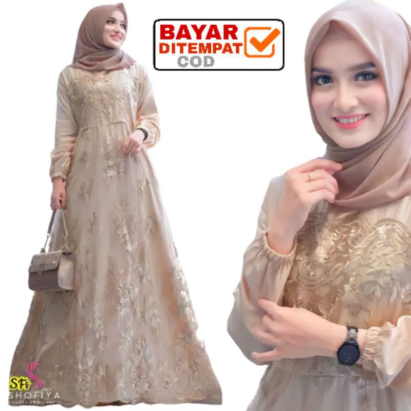 Size L XL XXL / Gamis Muslim Farasya / Maxi Brukat Selma Tulle Premium Jumbo Murah Brokat Navy Marun-Coksu