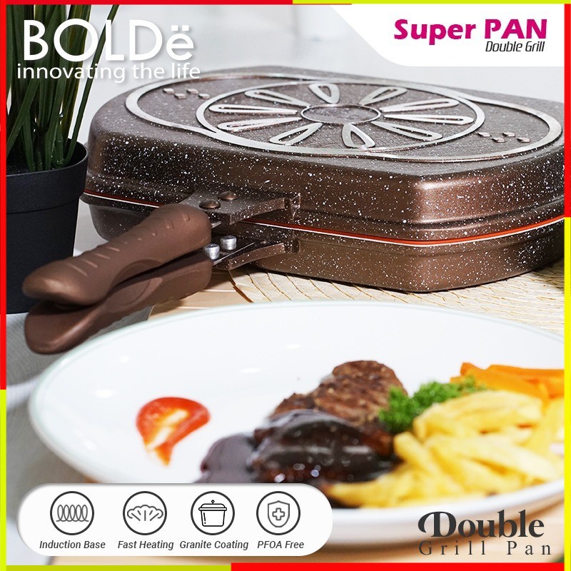 PANCI BOLDE SUPER PAN DOUBLE GRILL 30CM GRANITE SET PANCI BOLDE SET INDUKSI TEPLON TEFLON PENGGORENG