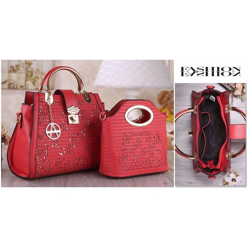 DISKON TAS FASHION WANITA IMPORT - HAND BAG - MXE25BD 2IN1 BLACK RED & LIME