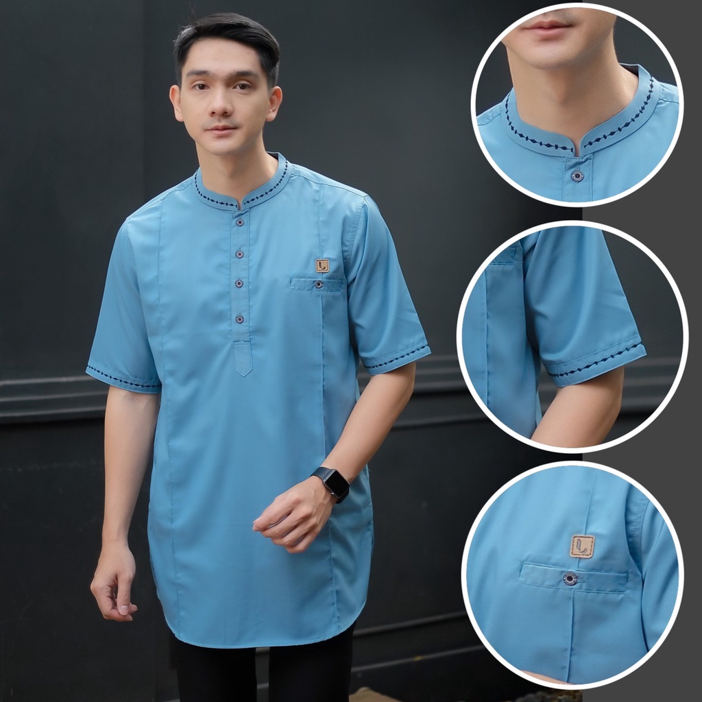 Luthfi Baju Koko Pria Lengan Pendek Kurta Embordir Toyobo Fodu Biru Wardah