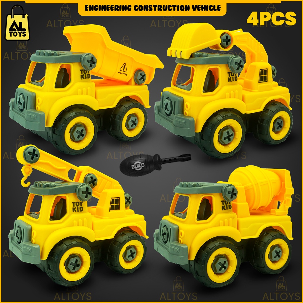 Mainan Bongkar Pasang Mobil Kosntruksi Engineering Construction Vehicles Set 4 Pcs DIY Assembly Excavators Bulldozer Dump Truck Take Apart Trucks