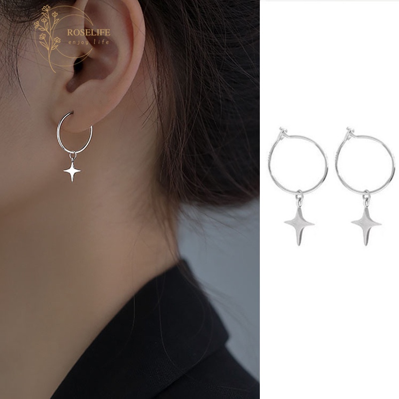 1 Pasang Anting Hoop Bentuk Bintang Lingkaran Warna Silver Gaya Korea Untuk Wanita