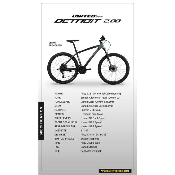 Sepeda Gunung MTB UNITED Detroit 2.00 3x9 Speed Niseko N9 Hydro Brake