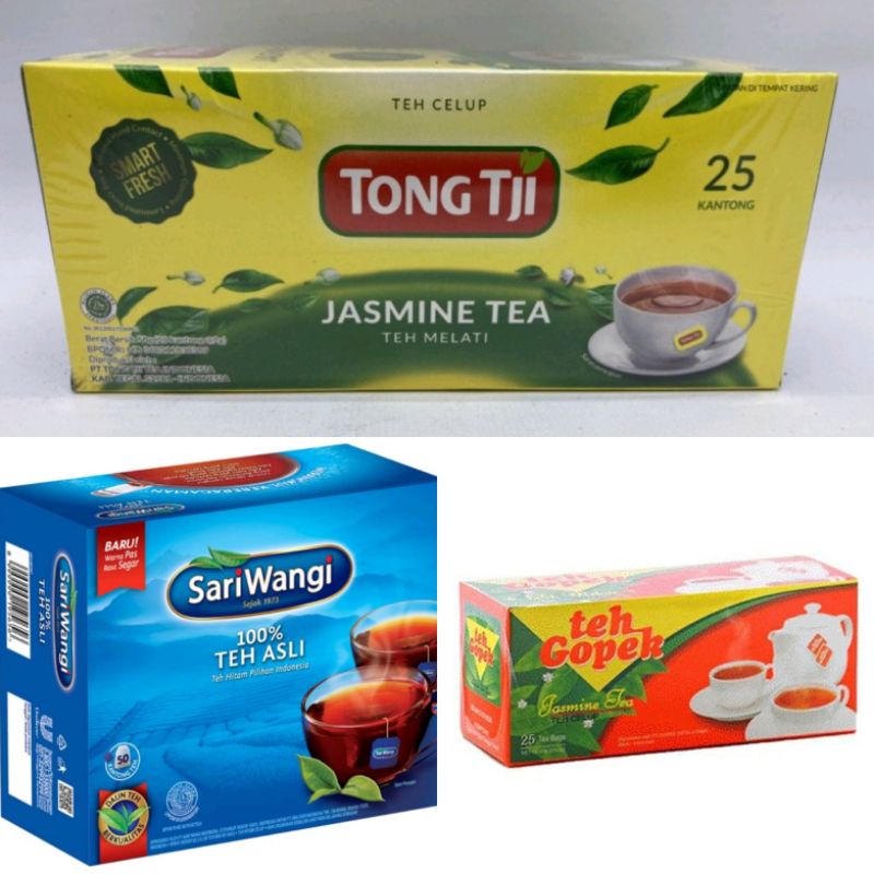 

Teh celup Tong Tji teh Gopek 25, teh celup Sariwangi 50, teh celup sosro 30