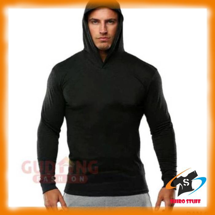 KAOS HOODIE LENGAN PANJANG / baju polos distro pria lengan panjang hitam