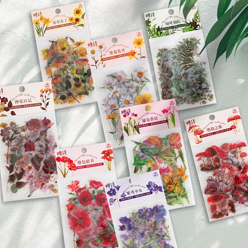 40 Pcs Waterproof PET Plant Sticker Mobile Phone Decoration Material Stickers