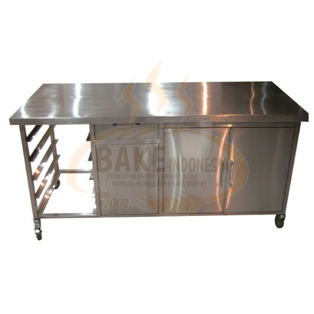 Meja Kerja Stainless dengan Rak, Laci, dan Lemari
