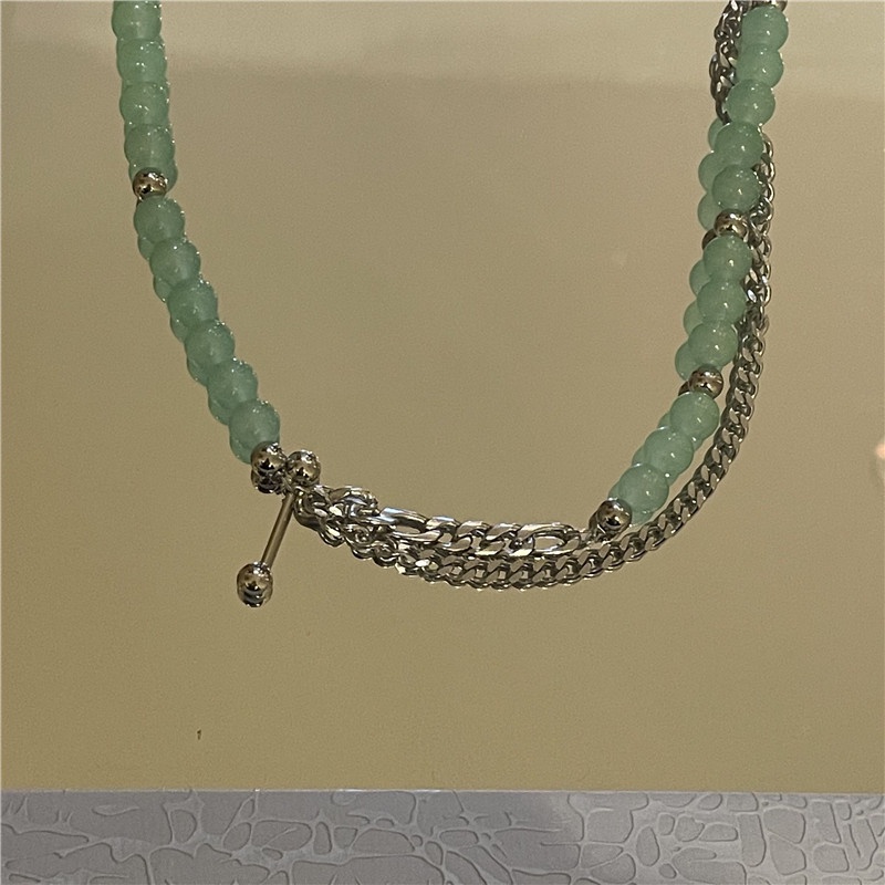 Kalung Rantai Klavikula Hias Manik-Manik Warna Hijau Gaya Korea Hip-hop
