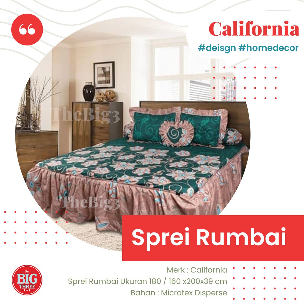 CALIFORNIA Sprei RUMBAI 180x200 / 160x200 motif AYARA ABELIA SHABA MOALA GREEN SAPPHIRE VERENA POLKA KEI AIRA ROYAL CHEESE NAURA MIRAH GEO GINNY BALENA METRICO ESME GLEN- 180 160 QUEEN Size Renda SP P3