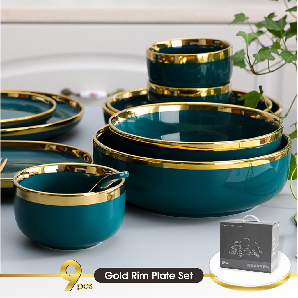 Set 9 &amp; 26 PCS Piring Mangkok Makan Hijau Keramik Pinggiran Emas Cantik Ceramic Mewah Western Steak Gold Rim Plate