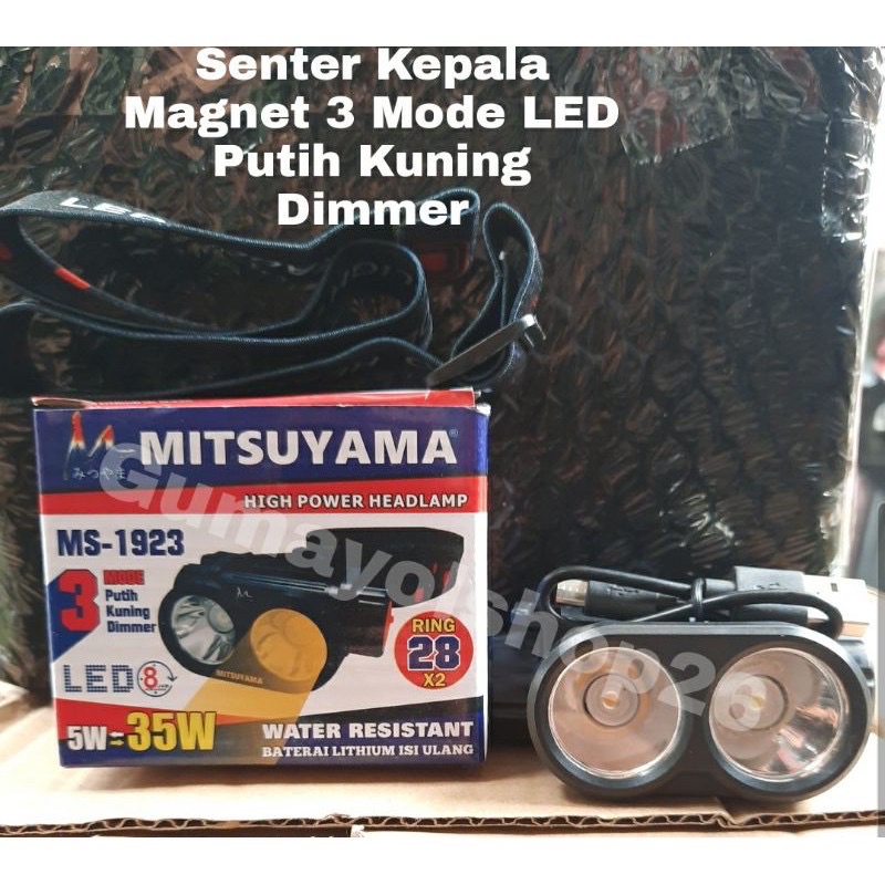 Senter Kepala MITSUYAMA MS-1923 Magnet Led 3 Mode Putih Kuning Dimmer Headlamp Mitsuyama MS 1923 Water Resistant