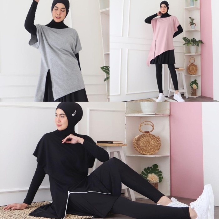 Tunik HITJAB Baju Atasan Olahraga Wanita Sport Zipper Senam Gym 7276 ZIPPER GREY J5W1 Terbaru Dress 