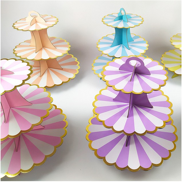 Cupcake stand 3 tiers/ paper stand kue 3 susun garis list gold WC840