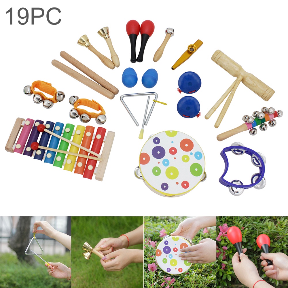 19pcs / lot Orff Mainan Edukasi Alat Musik Perkusi Drum Tangan + Bel Untuk Bayi / Anak