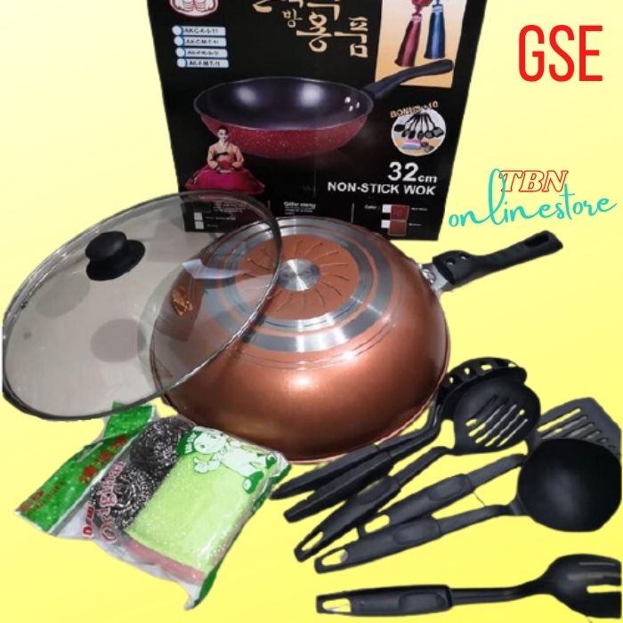 Wajan Wok Korea Merek GSE 32cm - Set Penggorengan 32cm Non Stick Wok - Bronze Matte - Anti Lengket