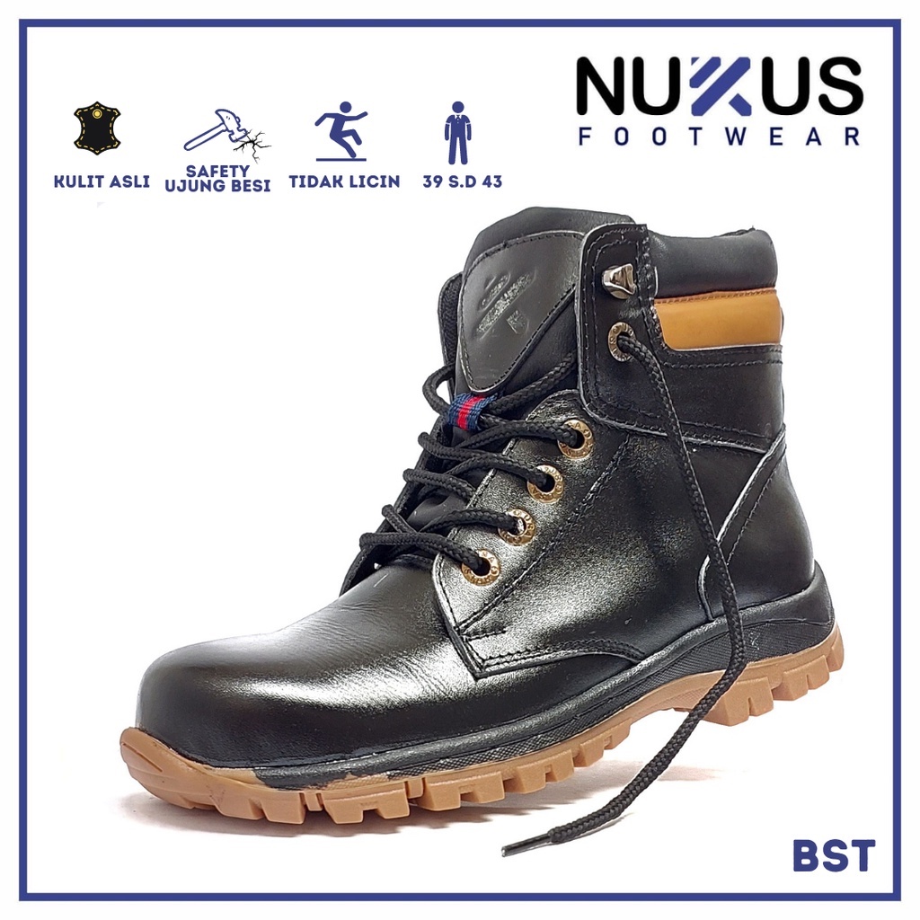 Nukus Sepatu Ujung Besi Safety Boot Tali Hitam Kulit Asli - BST