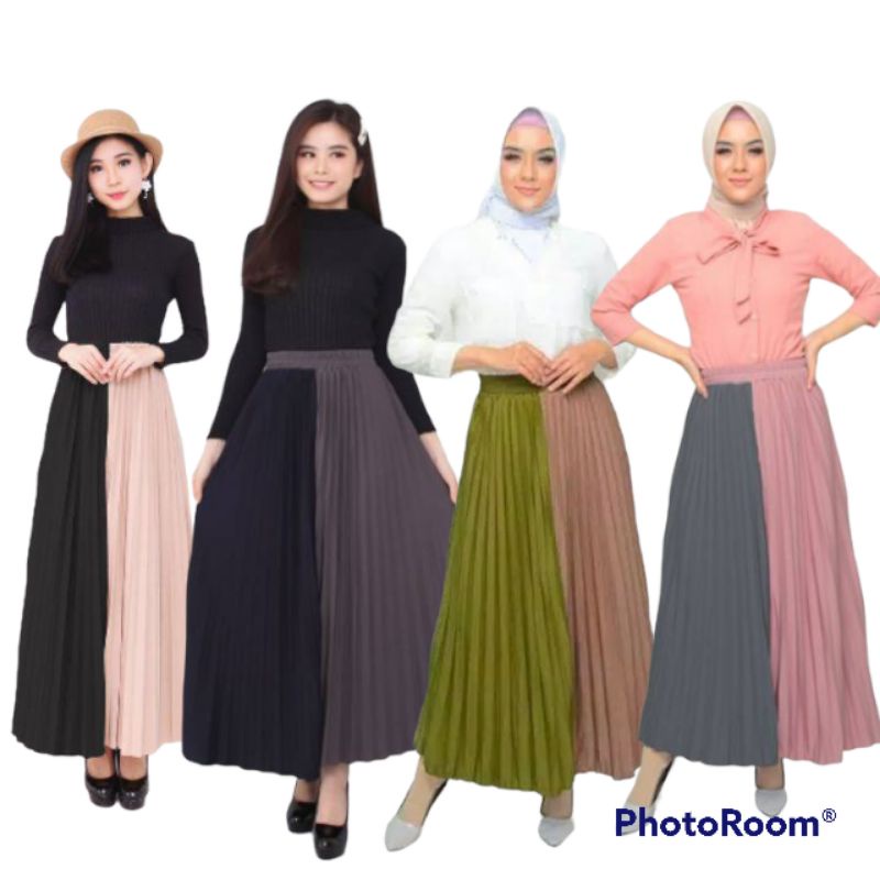 ROK PLISKET - ROK PLISKET PAYUNG KOMBINASI WARNA - BAHAN HYGET SUPER PINGGANG FULL KARET