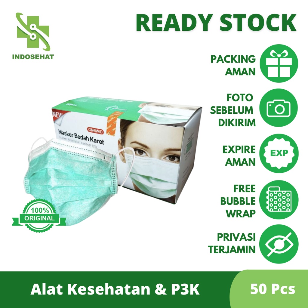 Jual Masker Bedah Karet Onemed 3 Ply Per Box Isi 50 Pcs warna HIJAU ...