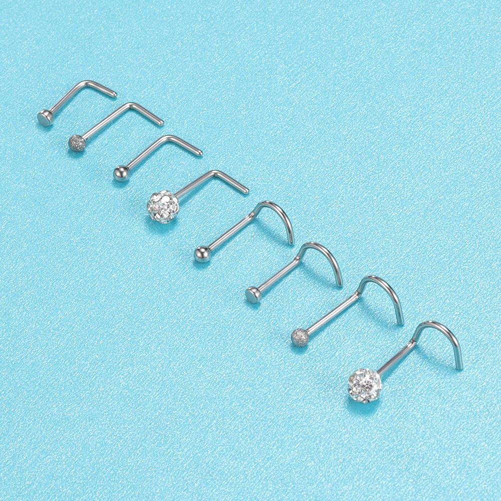 8pcs / Lot Anting Tindik Hidung Bahan Stainless Steel Bentuk Bulat Kristal 20g Warna Silver