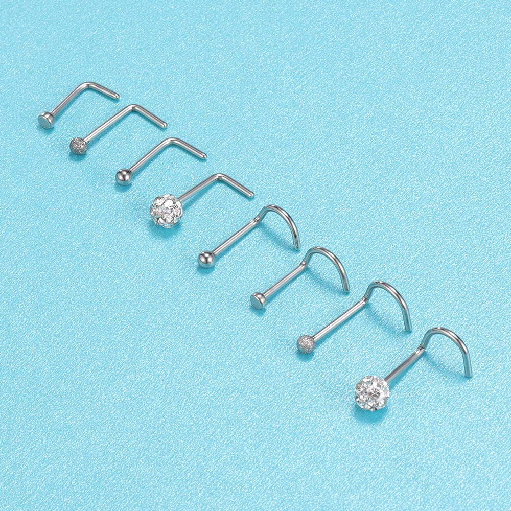 8pcs / Lot Anting Tindik Hidung Bahan Stainless Steel Bentuk Bulat Kristal 20g Warna Silver