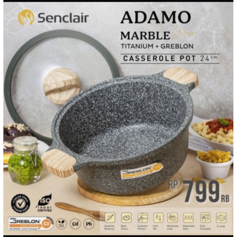 senclair cosserole pot 24cm tutup kaca - adamo series.