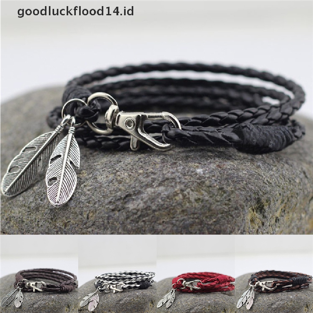 [OOID] Fashion New Bangles Men Jewelry Accessories PU Leather Feather Charm Bracelets ID