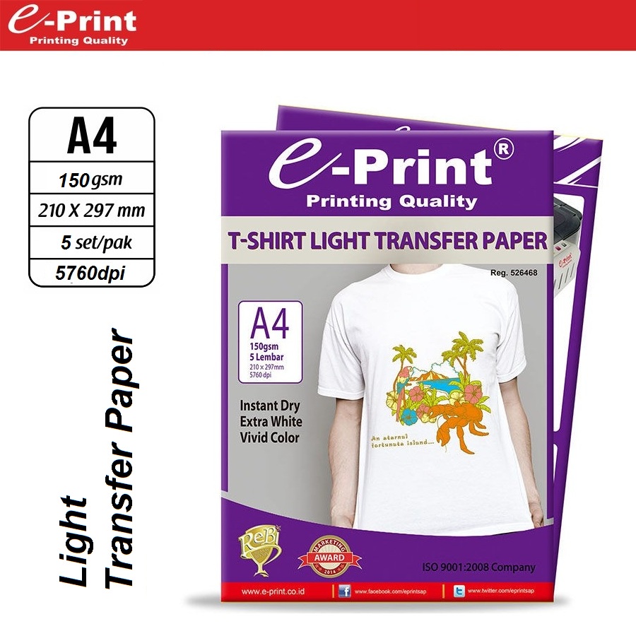 E-Print Kertas Sablon T-Shirt Light Transfer Paper A4 isi 5 lembar