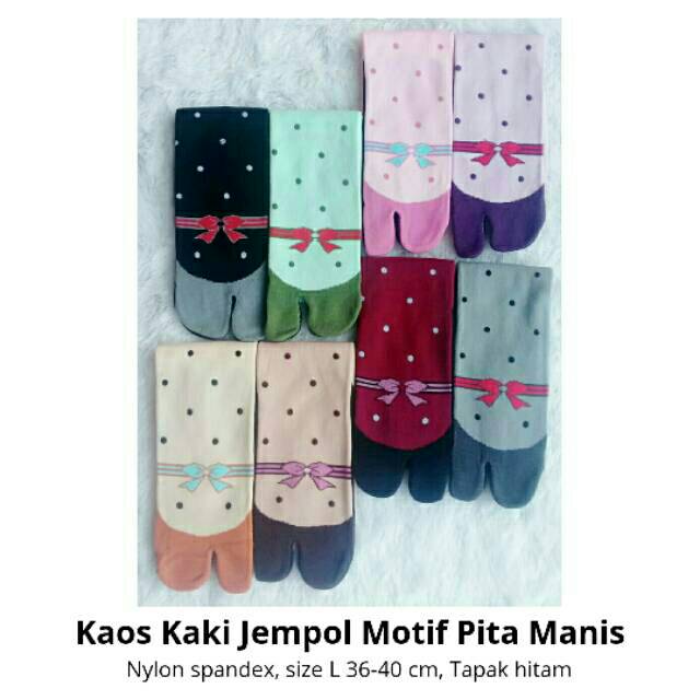 Kaos Kaki Jempol Wanita Muslimah Motif Pita Manis (Nylon Spandex Tapak Hitam, Size L, Panjang Murah)