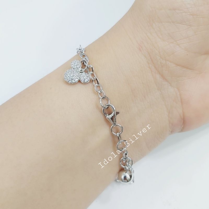 GELANG PERAK ASLI SILVER 925 LAPIS EMAS PUTIH DEWASA MODEL RANTAI NORI GANTUNGAN MICKEY MOUSE - PERHIASAN PERAK