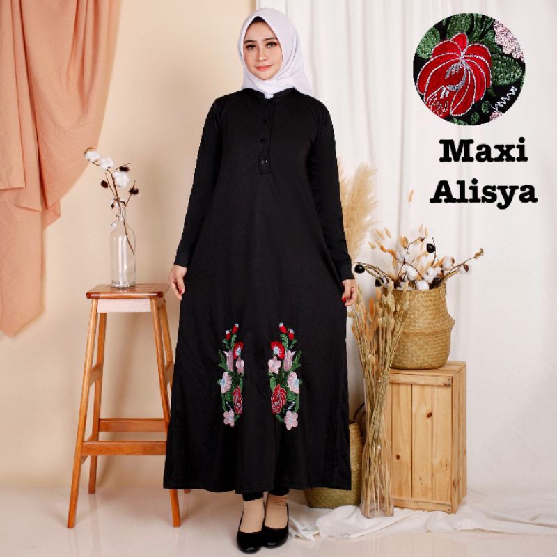 Gamis jumbo murah long dress busui kaos bordir bunga bumil muslim wanita lebaran Isabella