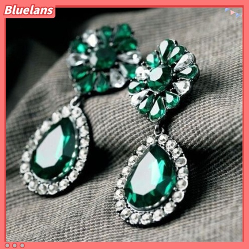 Bluelans Anting Tusuk Gantung Statement Desain Bunga Hijau Hias Berlian Imitasi Gaya Vintage Untuk Wanita