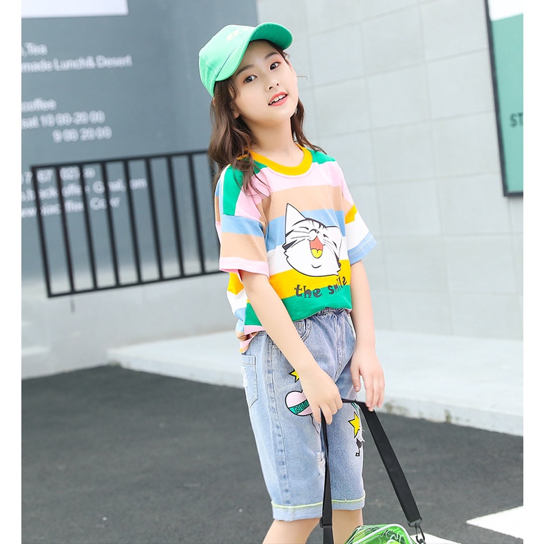 babyfit NUNOO CAT baju setelan anak perempuan celana jeans dengan blus