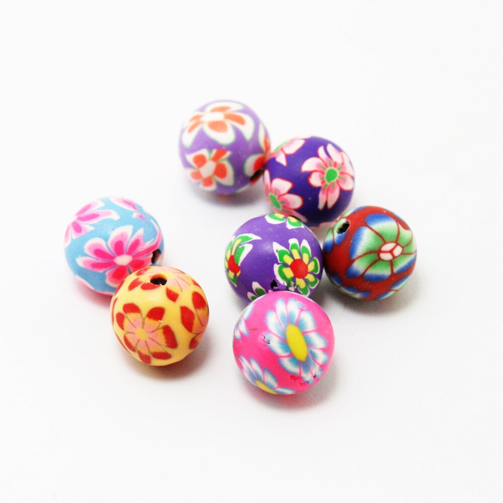 10-20pcs / Lot Manik-Manik Polymer Clay Bulat Motif Print Bunga Ukuran 6 8 10 12mm Untuk Membuat Perhiasan