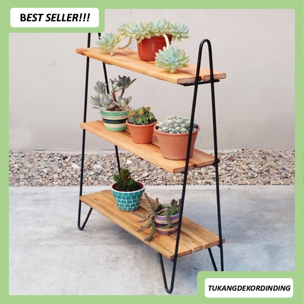 Rak Bunga Besi Kayu 3 Susun Minimalis / Tempat Dekorasi Tanaman Rumah / Rak tanaman besi kayu 3 susu