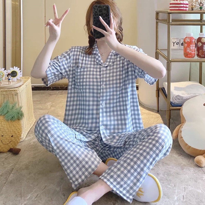 JC Piyama Set CP import / Piyama wanita CP / Piyama wanita Import murah-Square Basic Blue CP