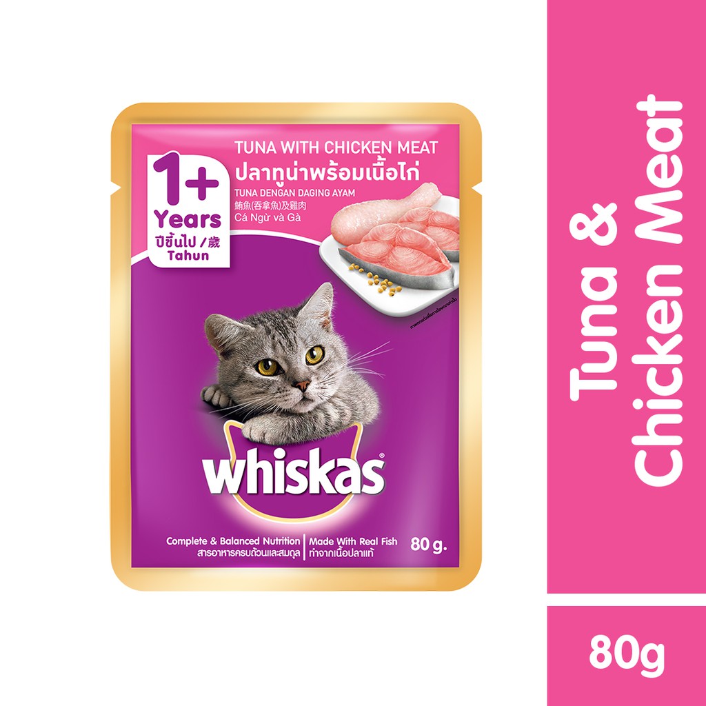 WHISKAS® Makanan Kucing Basah Pouch 80gr - Isi 24-Chicken & Tuna