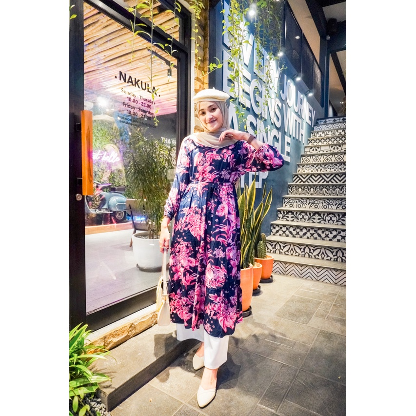 Gamis Midi Dress Flower Wanita Katun Rayon Viscose Adem