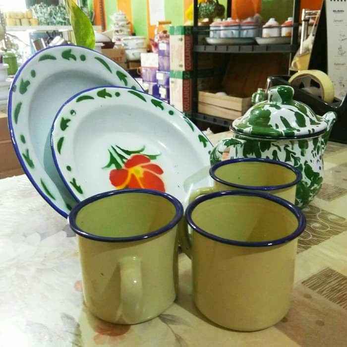 TEKO CEBOL MINI BLURIK BLIRIK LURIK LORENG PIRING KEMBANG CANGKIR MUG GELAS ENAMEL 1 SET JADOEL