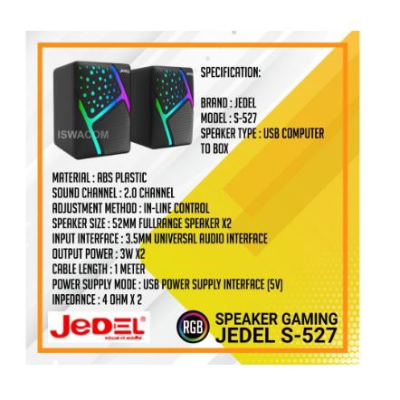 Speaker jedel wired audio 3.5mm usb stereo 3d sound rgb for laptop pc phone office gaming s527 s-527