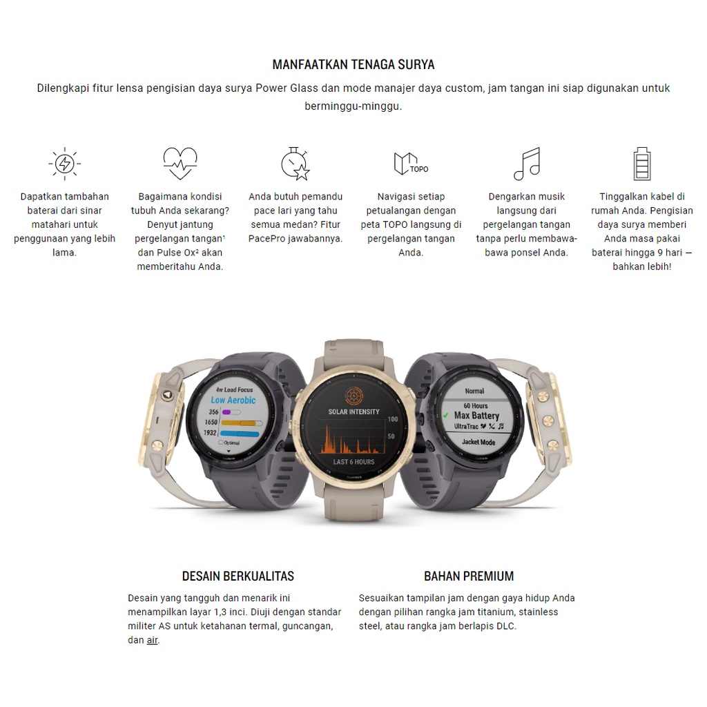 Garmin Fenix 6S Pro Solar Light Gold with Shale Gray Band - Resmi TAM